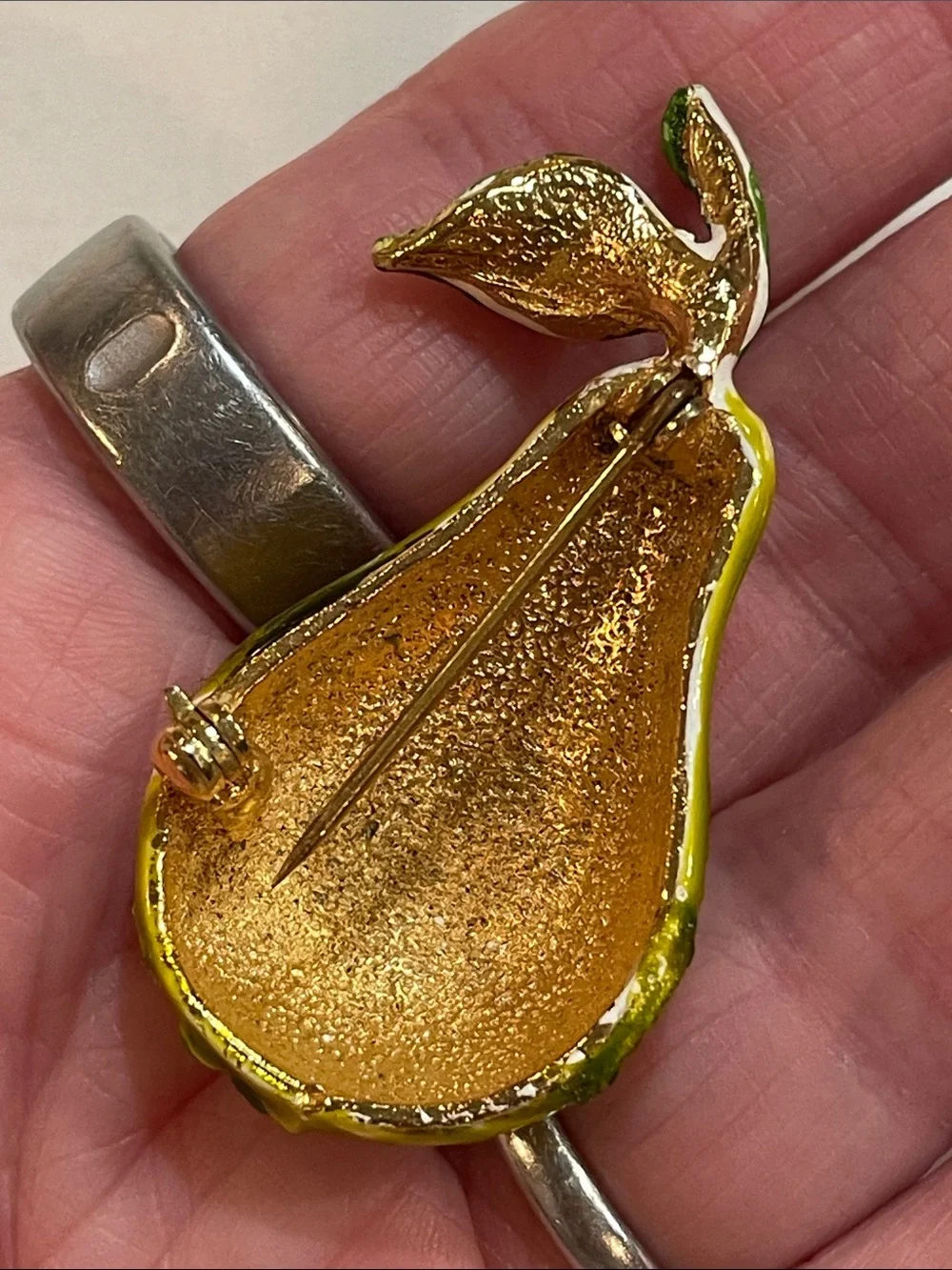 1960's VINTAGE Glossy Yellow Enamel Pear Accent with Green Leaf Brooch